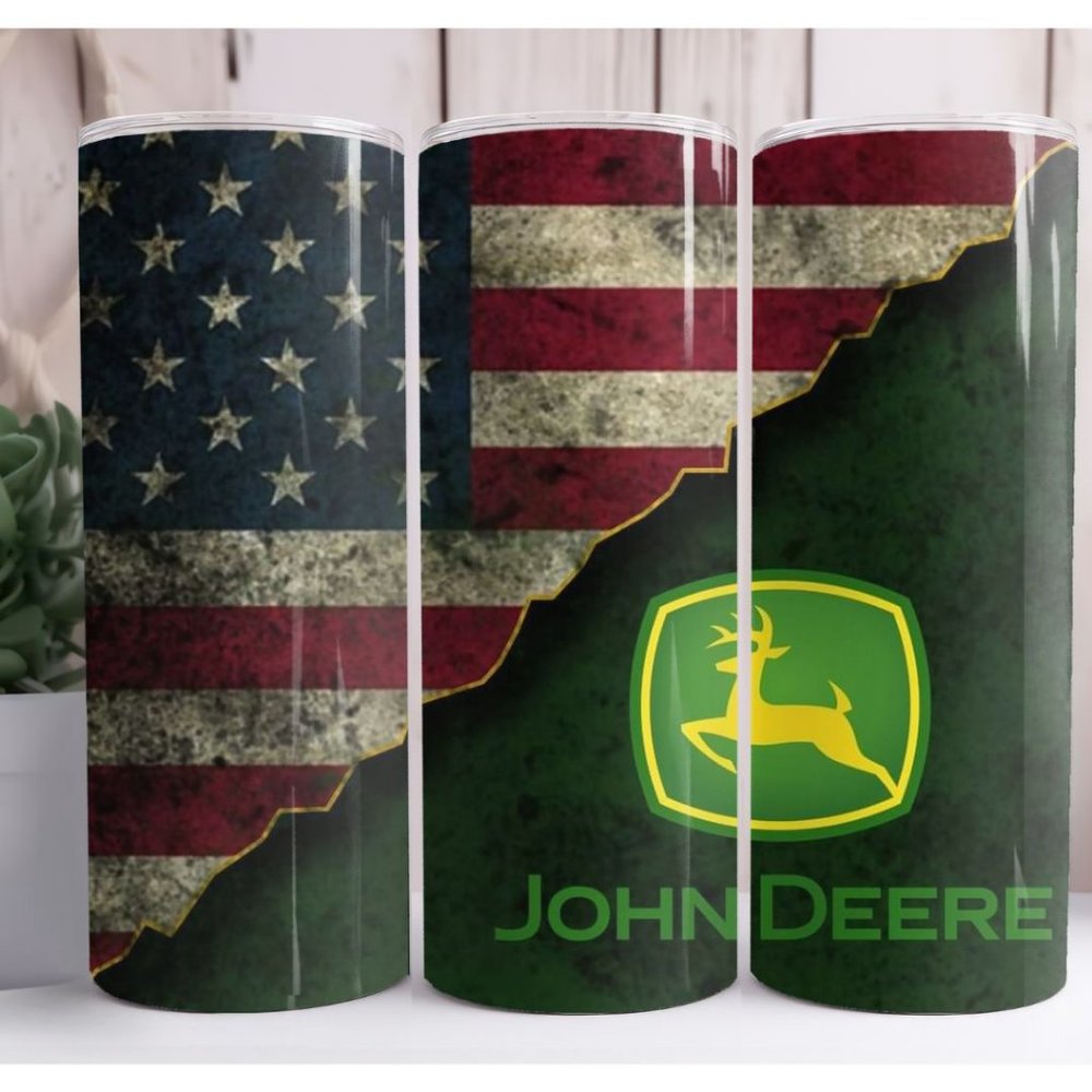John Deere Flag Mens 20oz Skinny Tumbler Insulated Drinkware Handmade Cup - Picture 1 of 1